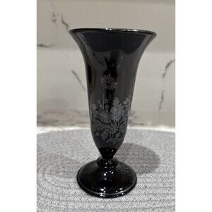 Vintage LE Smith Black Silver Overlay Daisy Motif 6" Vase